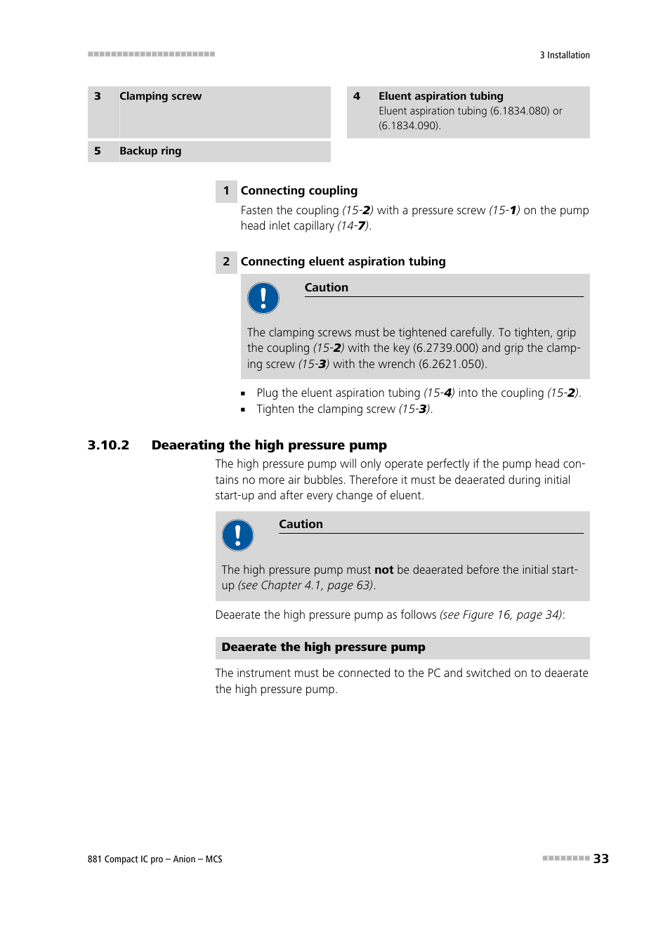 2 deaerating the high pressure pump, Deaerating the high pressure pump, Lary (15 | To the input of the high pressure | Metrohm 881 Compact IC pro – Anion – MCS User Manual | Page 43 / 137