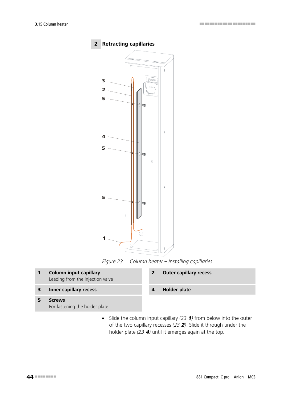 Figure 23, Column heater – installing capillaries | Metrohm 881 Compact IC pro – Anion – MCS User Manual | Page 54 / 137