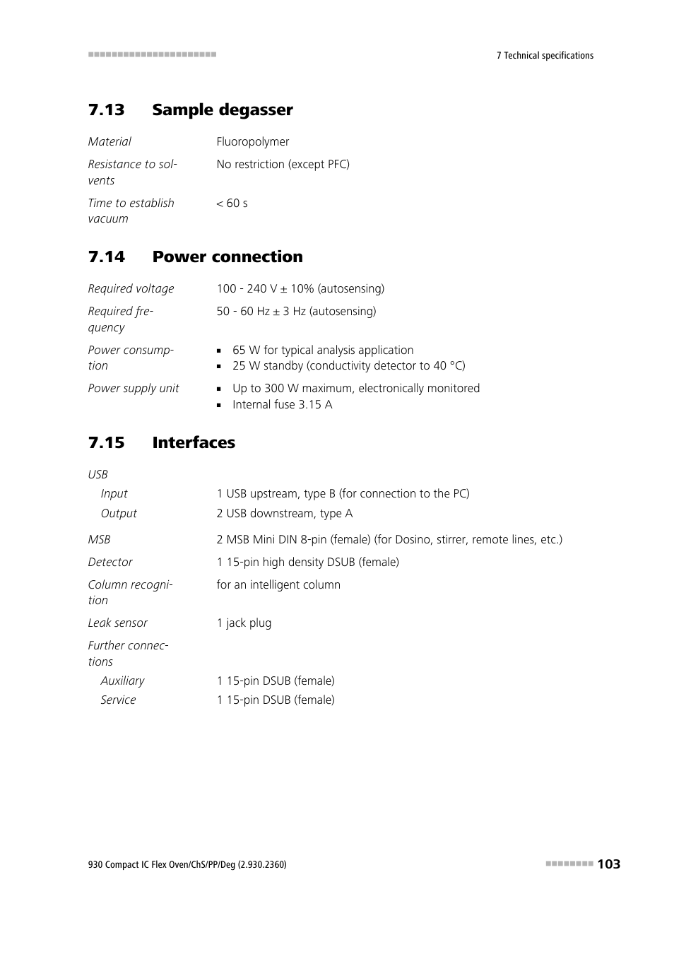 13 sample degasser, 14 power connection, 15 interfaces | Metrohm 930 Compact IC Flex Oven/ChS/PP/Deg User Manual | Page 111 / 118