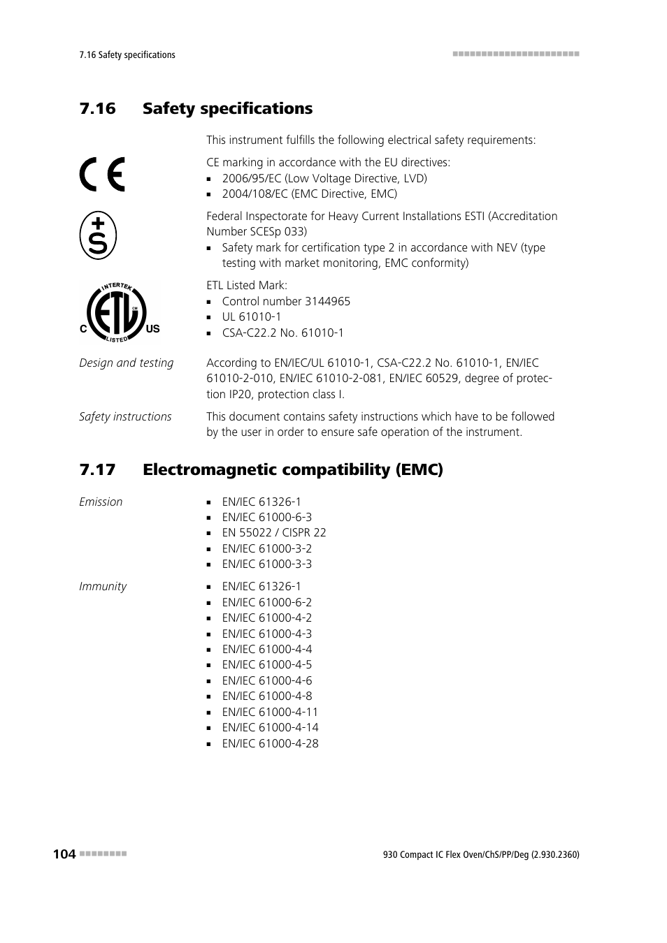 16 safety specifications, 17 electromagnetic compatibility (emc) | Metrohm 930 Compact IC Flex Oven/ChS/PP/Deg User Manual | Page 112 / 118