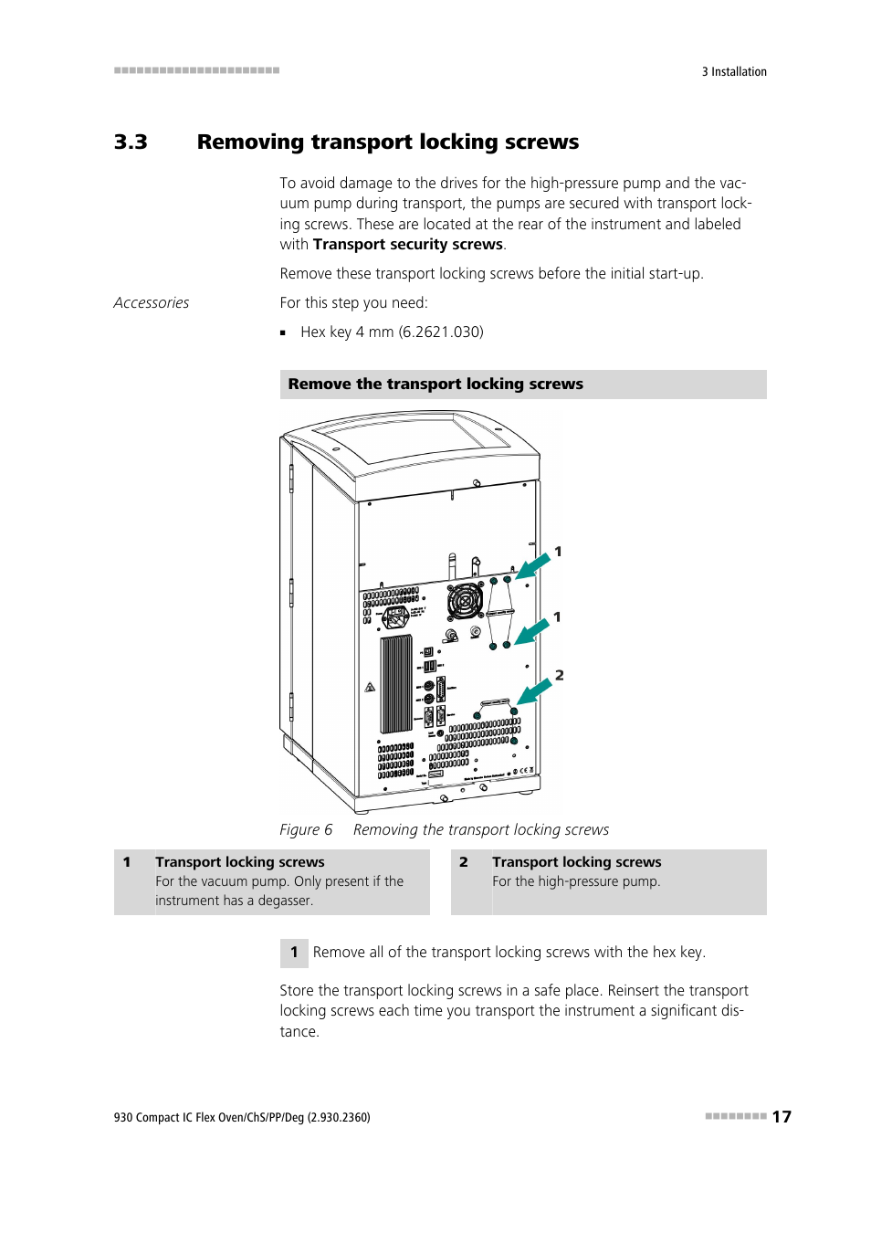 3 removing transport locking screws, Removing transport locking screws, Figure 6 | Removing the transport locking screws | Metrohm 930 Compact IC Flex Oven/ChS/PP/Deg User Manual | Page 25 / 118
