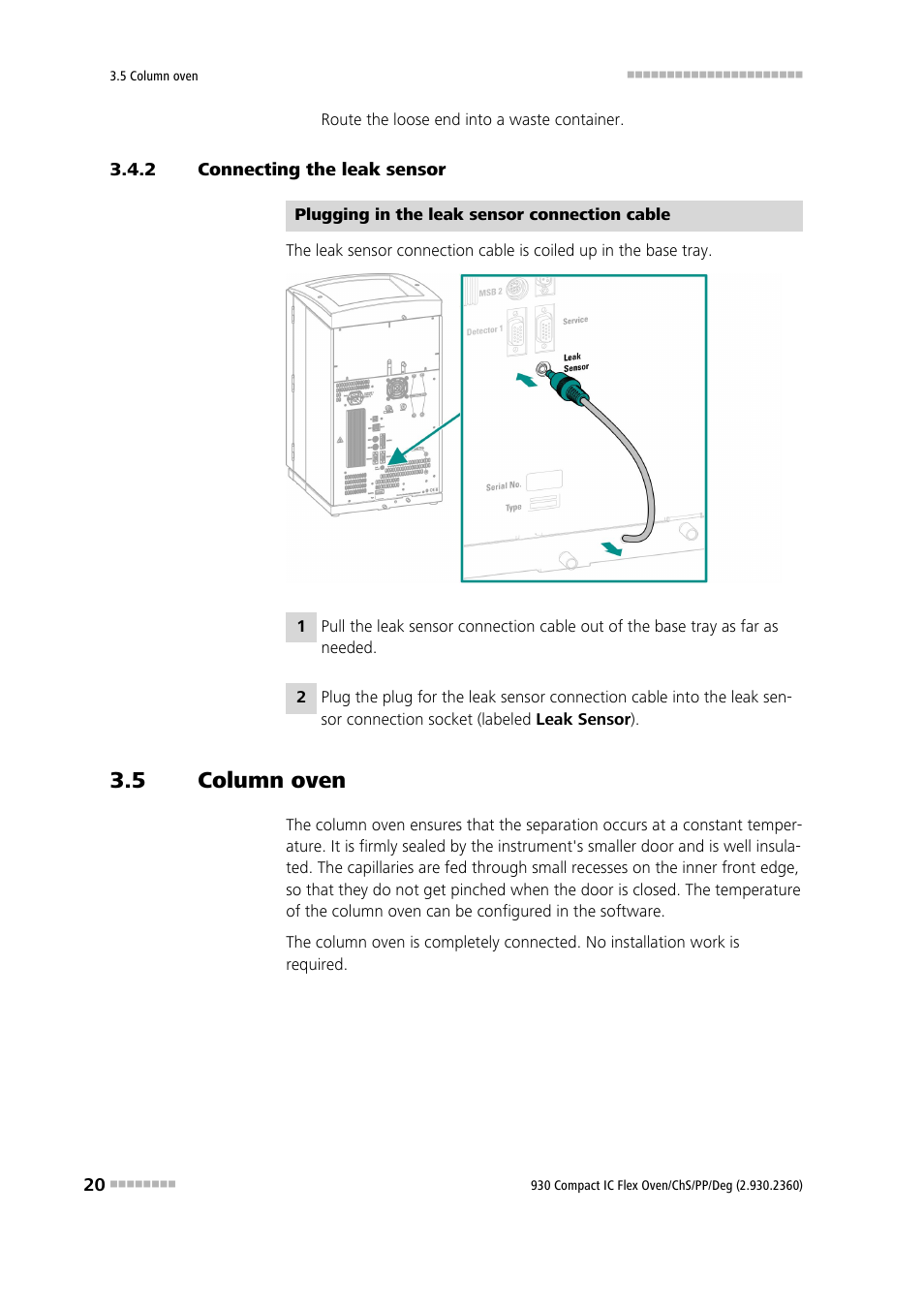 2 connecting the leak sensor, 5 column oven, Connecting the leak sensor | Column oven | Metrohm 930 Compact IC Flex Oven/ChS/PP/Deg User Manual | Page 28 / 118