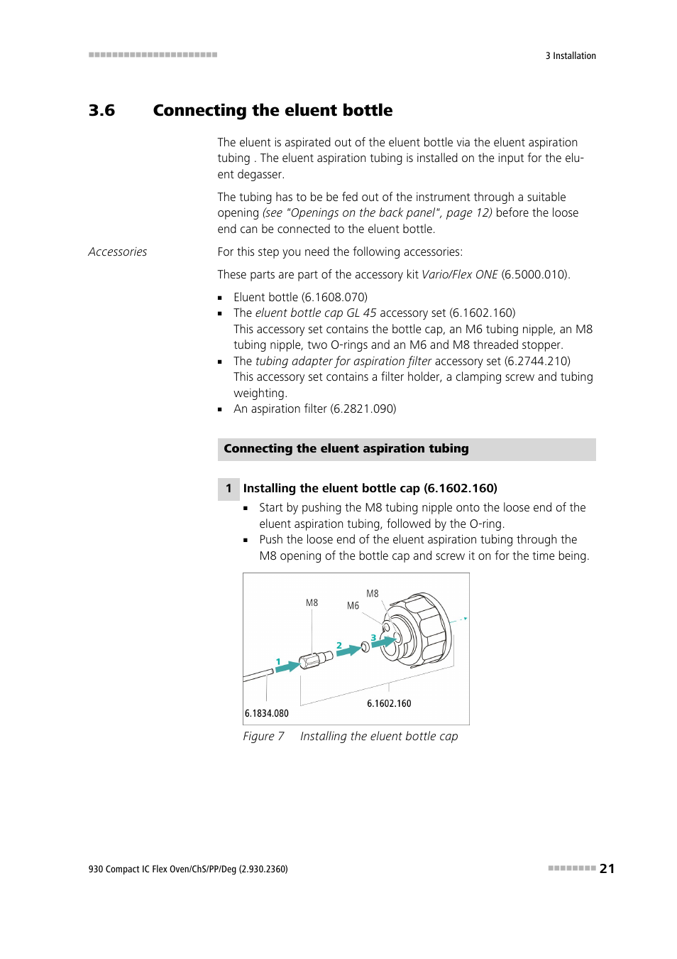 6 connecting the eluent bottle, Connecting the eluent bottle, Figure 7 | Installing the eluent bottle cap | Metrohm 930 Compact IC Flex Oven/ChS/PP/Deg User Manual | Page 29 / 118
