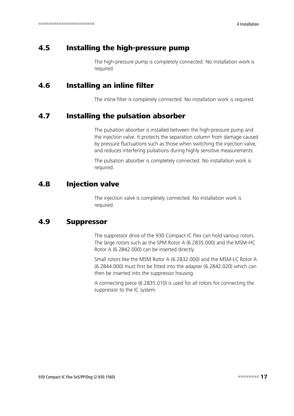 5 installing the high-pressure pump, 6 installing an inline filter, 7 installing the pulsation absorber | 8 injection valve, 9 suppressor, Installing the high-pressure pump, Installing an inline filter, Installing the pulsation absorber, Injection valve, Suppressor | Metrohm 930 Compact IC Flex SeS/PP/Deg User Manual | Page 25 / 49