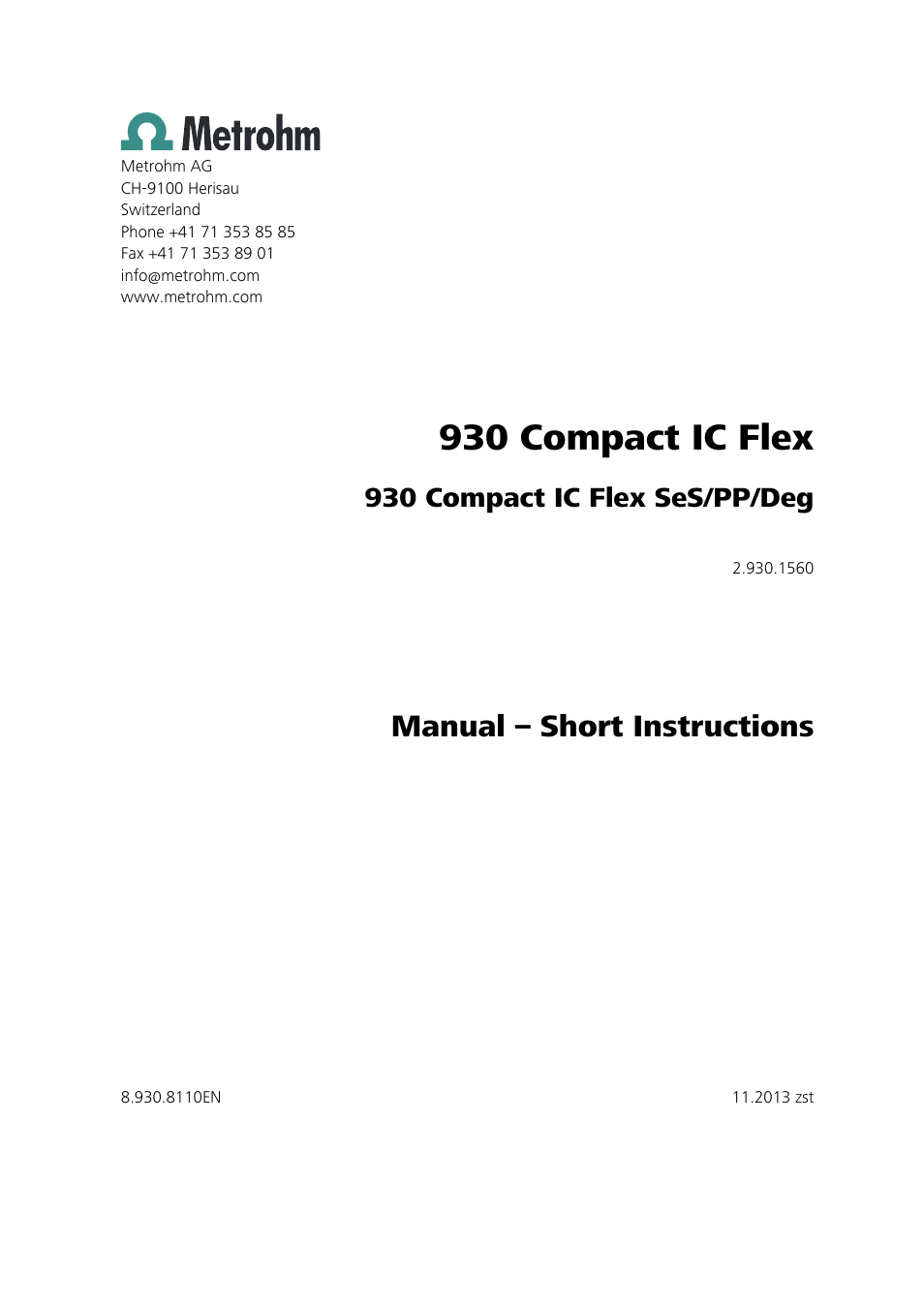 930 compact ic flex, Manual – short instructions, 930 compact ic flex ses/pp/deg | Metrohm 930 Compact IC Flex SeS/PP/Deg User Manual | Page 3 / 49