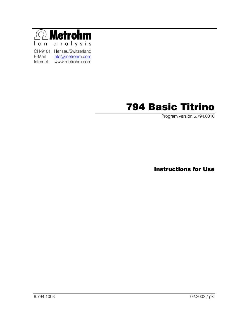 Metrohm 794 Basic Titrino User Manual | 198 pages