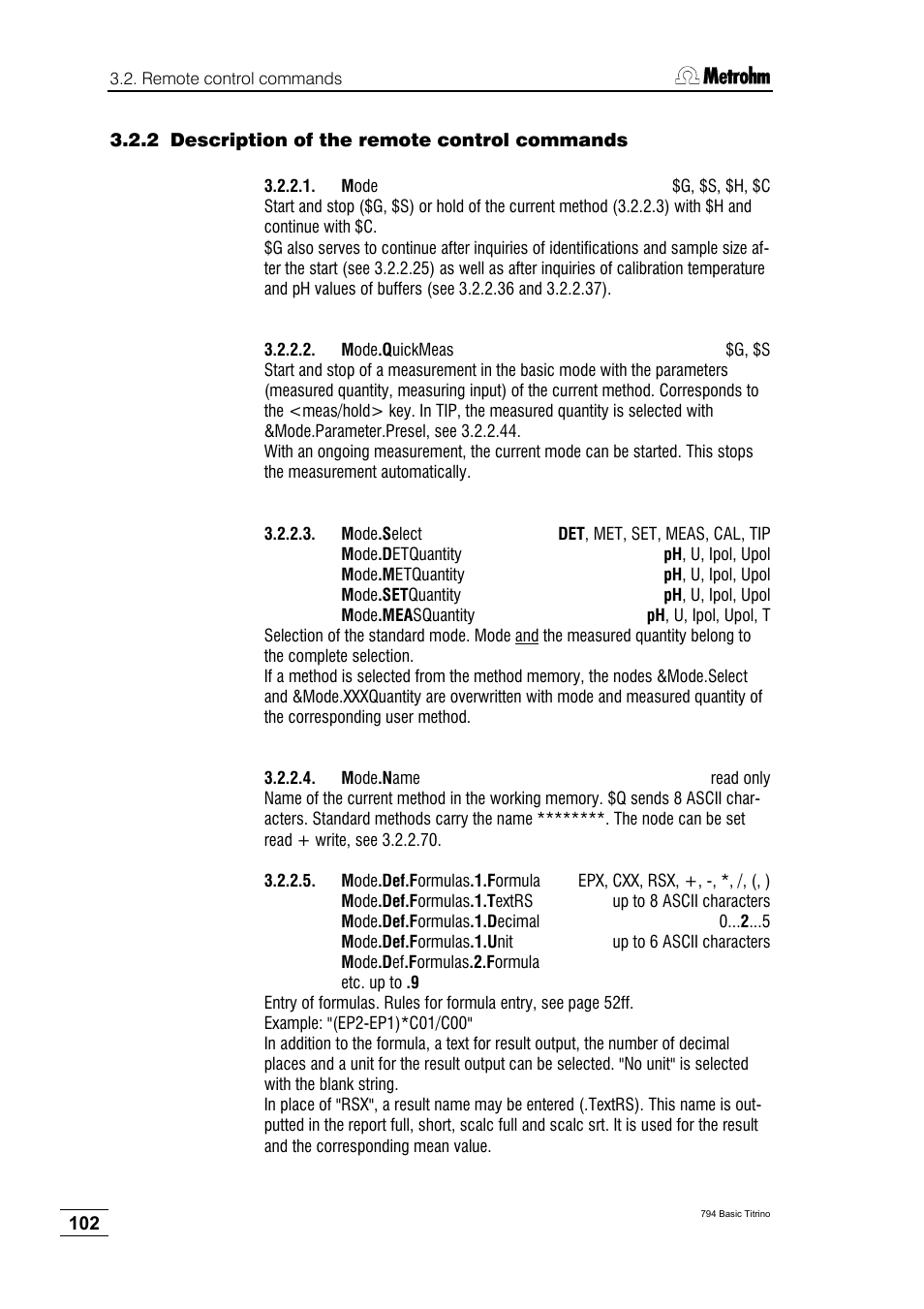 2 description of the remote control commands | Metrohm 794 Basic Titrino User Manual | Page 106 / 198