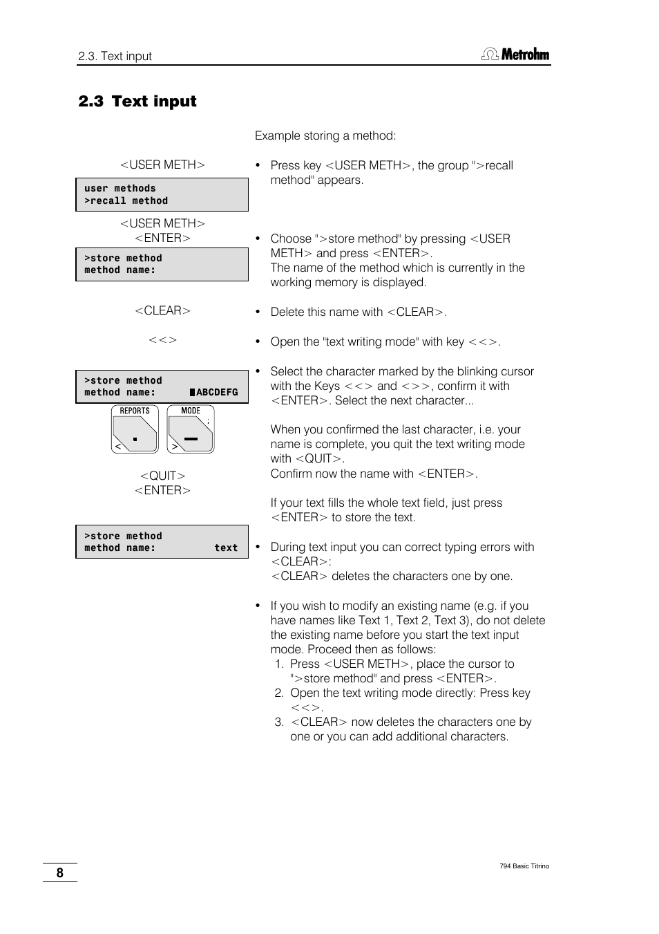 3 text input | Metrohm 794 Basic Titrino User Manual | Page 12 / 198