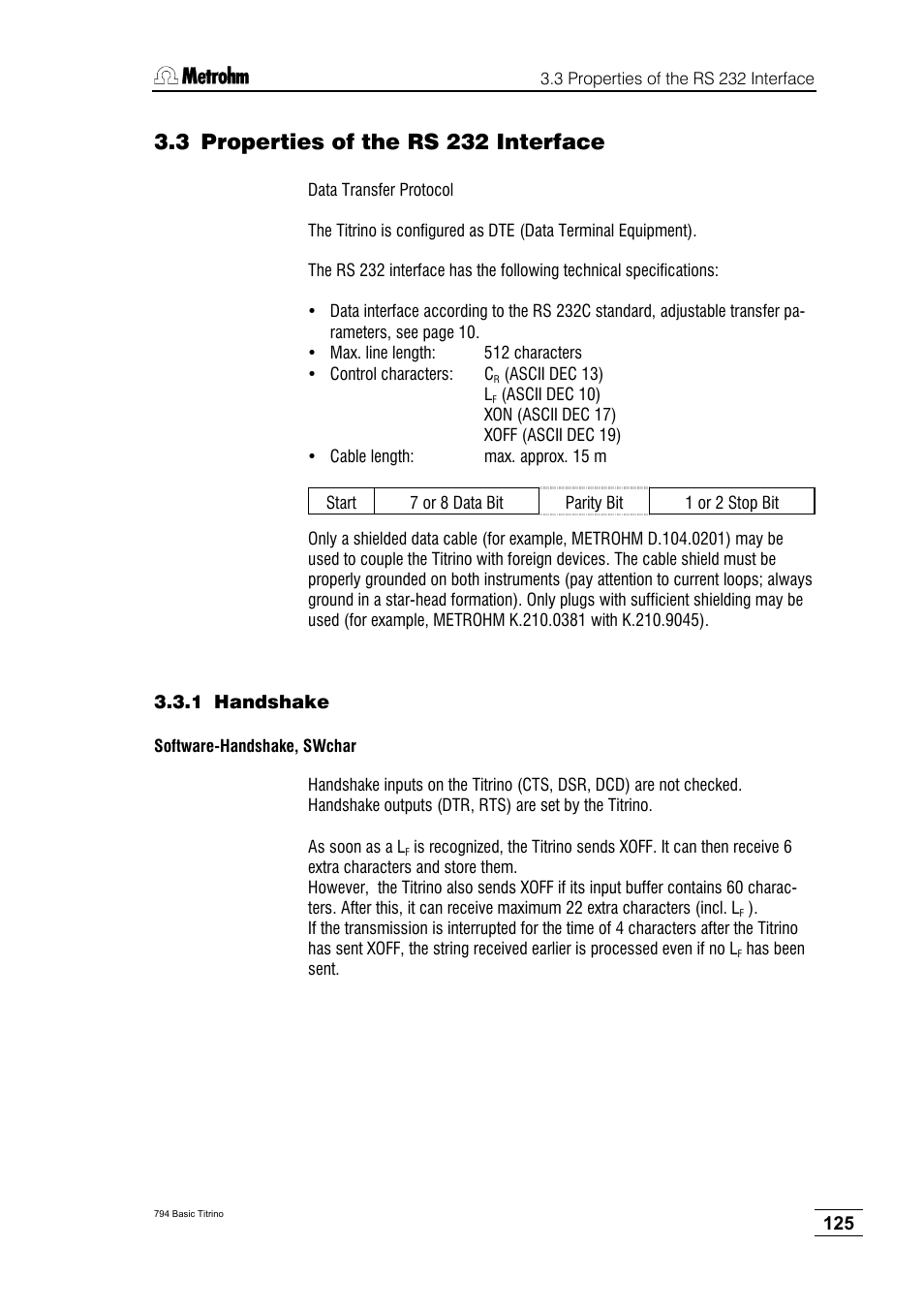 3 properties of the rs 232 interface, 1 handshake | Metrohm 794 Basic Titrino User Manual | Page 129 / 198