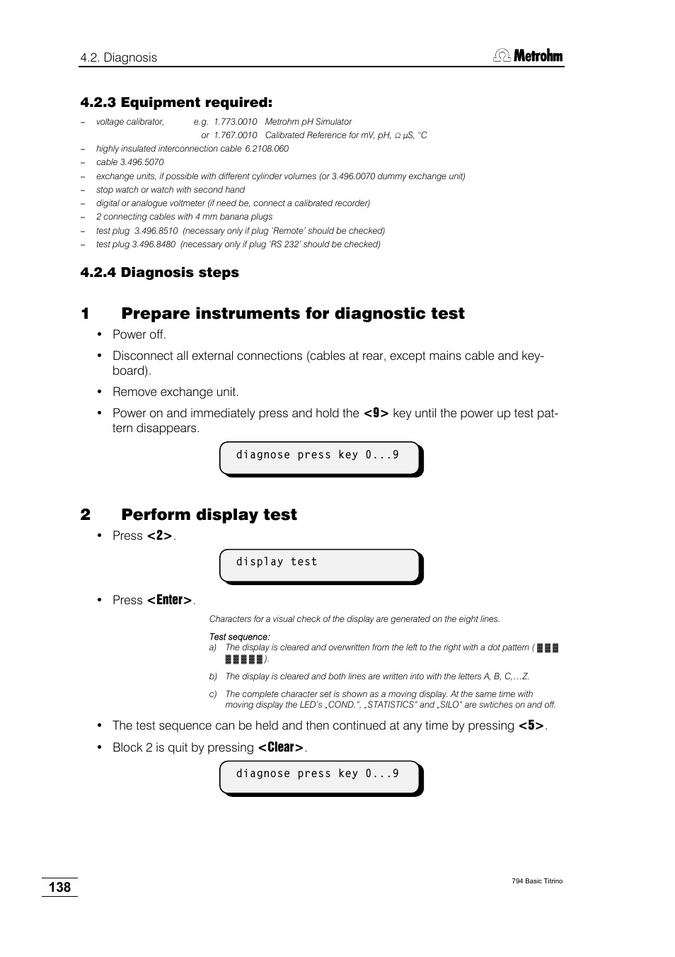 3 equipment required, 4 diagnosis steps, 1prepare instruments for diagnostic test | 2perform display test | Metrohm 794 Basic Titrino User Manual | Page 142 / 198