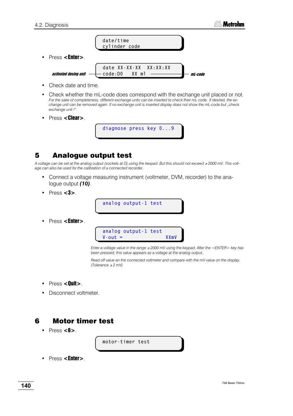 5analogue output test, 6motor timer test | Metrohm 794 Basic Titrino User Manual | Page 144 / 198