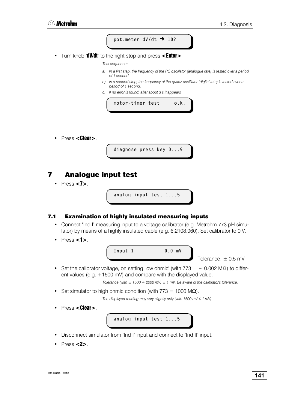 7analogue input test | Metrohm 794 Basic Titrino User Manual | Page 145 / 198