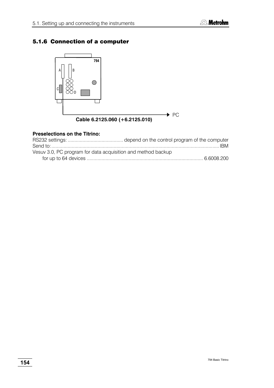 6 connection of a computer | Metrohm 794 Basic Titrino User Manual | Page 158 / 198