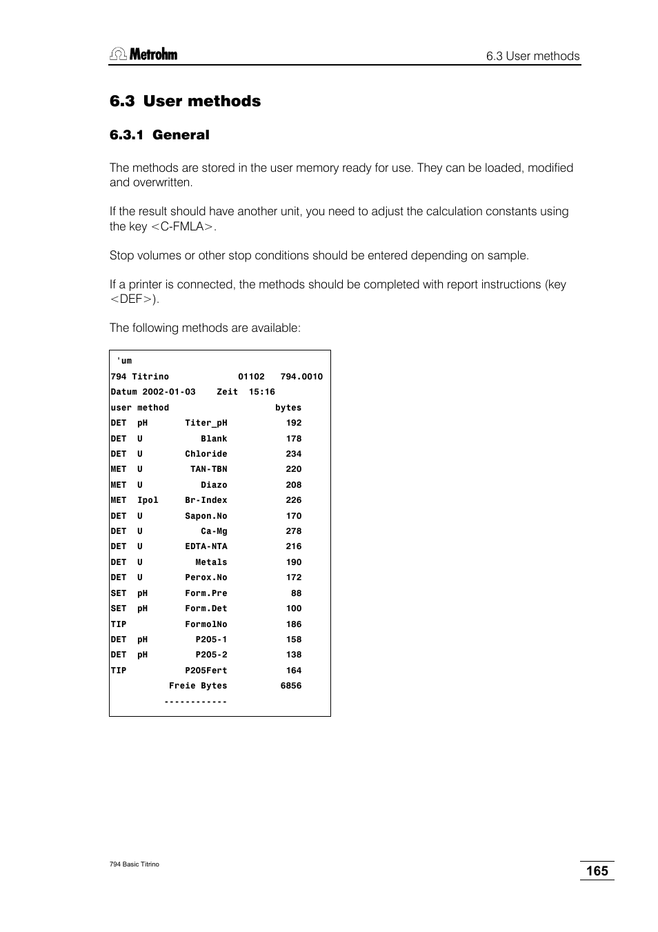 3 user methods, 1 general | Metrohm 794 Basic Titrino User Manual | Page 169 / 198