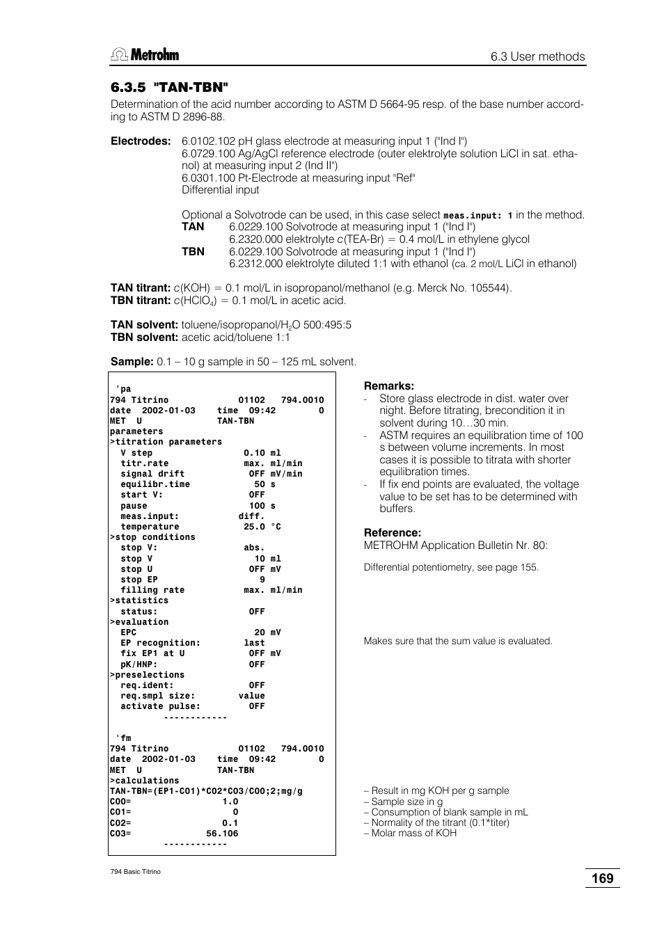 5 "tan-tbn | Metrohm 794 Basic Titrino User Manual | Page 173 / 198