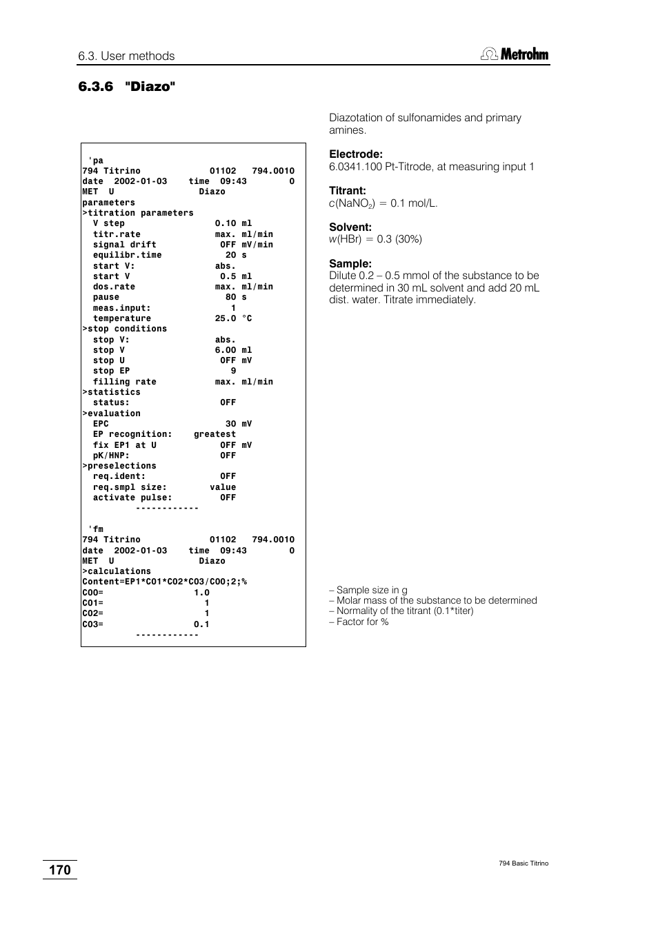 6 "diazo | Metrohm 794 Basic Titrino User Manual | Page 174 / 198