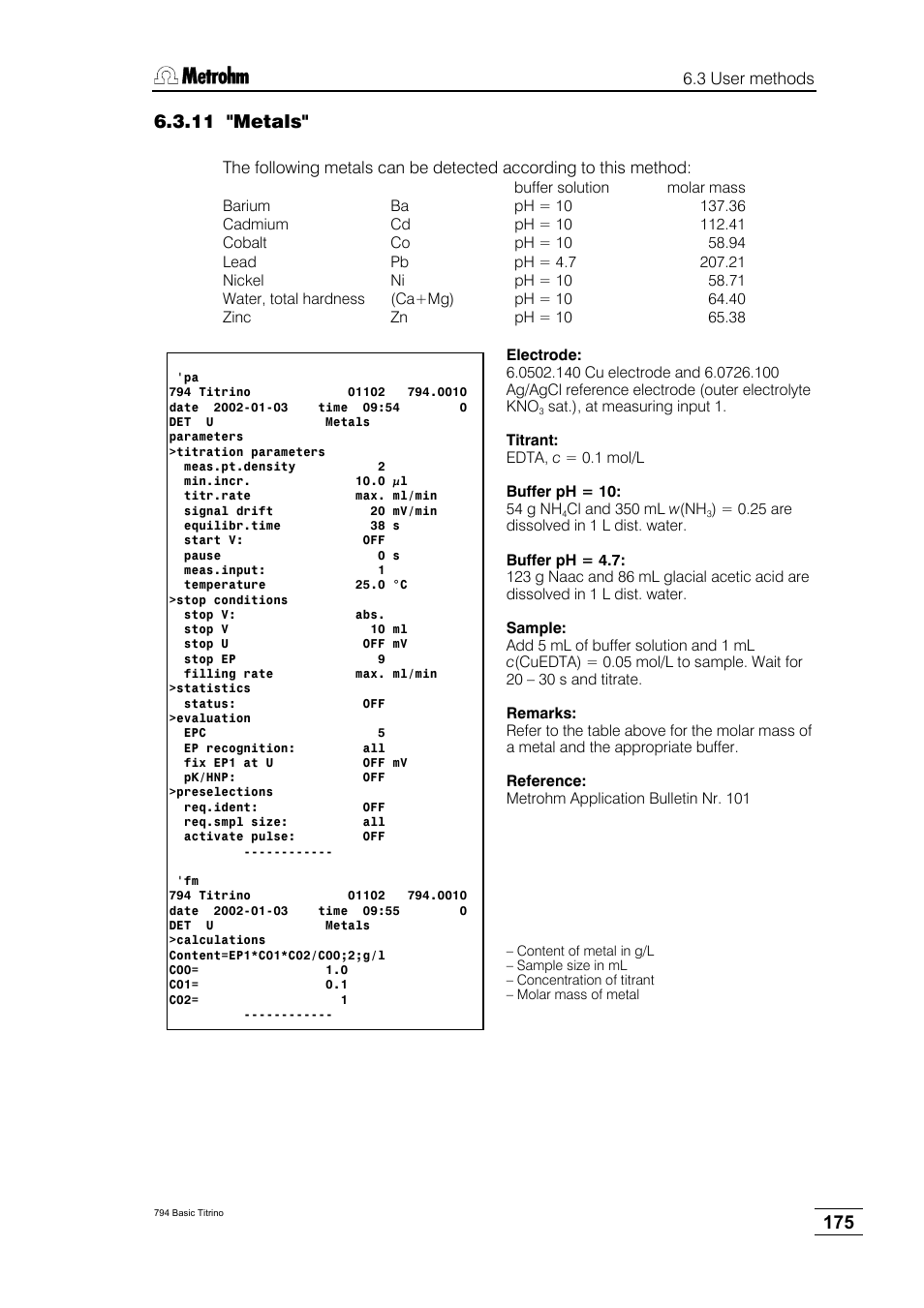 11 "metals | Metrohm 794 Basic Titrino User Manual | Page 179 / 198