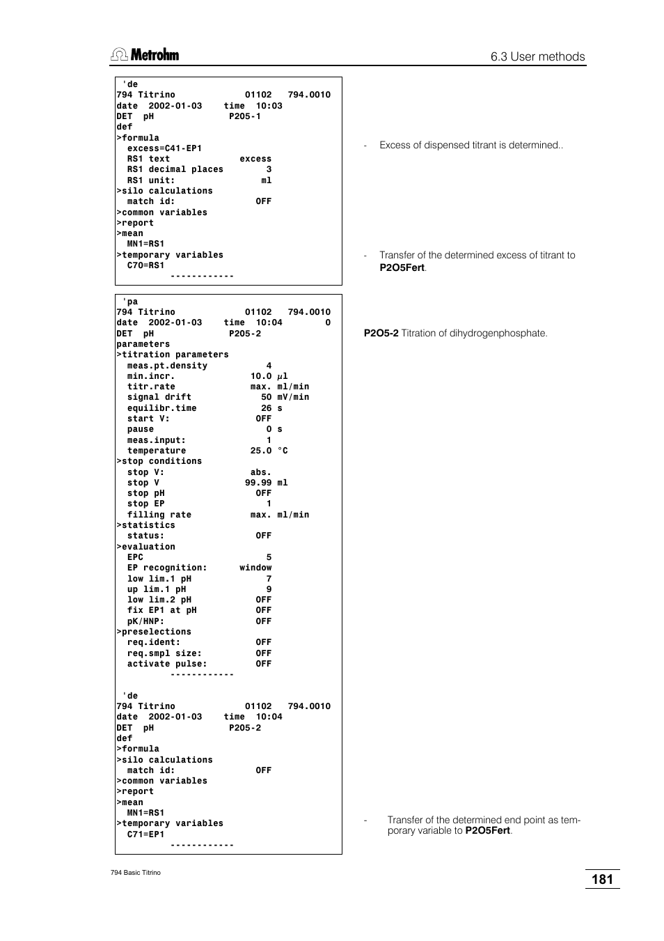 3 user methods | Metrohm 794 Basic Titrino User Manual | Page 185 / 198