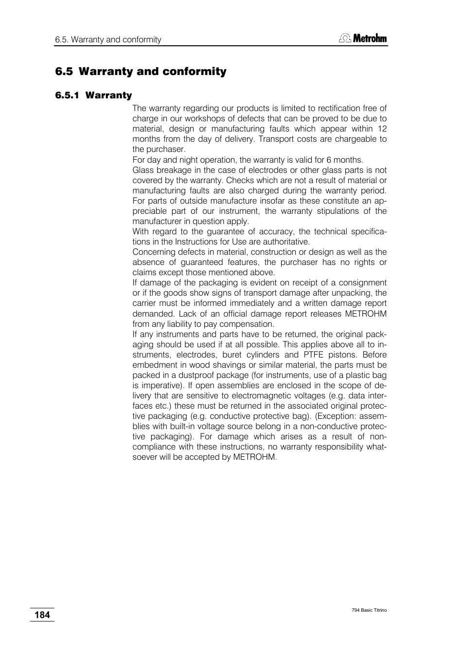 5 warranty and conformity, 1 warranty | Metrohm 794 Basic Titrino User Manual | Page 188 / 198