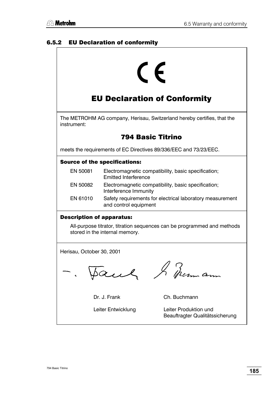 2 eu declaration of conformity, Eu declaration of conformity, 794 basic titrino | Metrohm 794 Basic Titrino User Manual | Page 189 / 198
