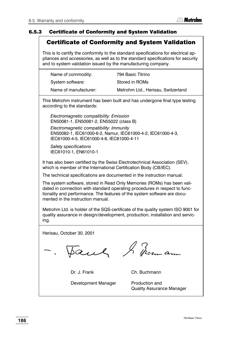 3 certificate of conformity and system validation, Certificate of conformity and system validation | Metrohm 794 Basic Titrino User Manual | Page 190 / 198