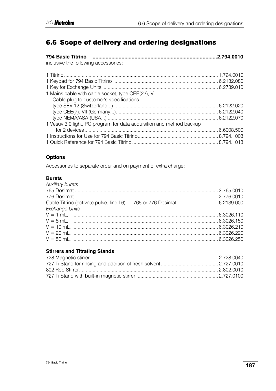 6 scope of delivery and ordering designations | Metrohm 794 Basic Titrino User Manual | Page 191 / 198