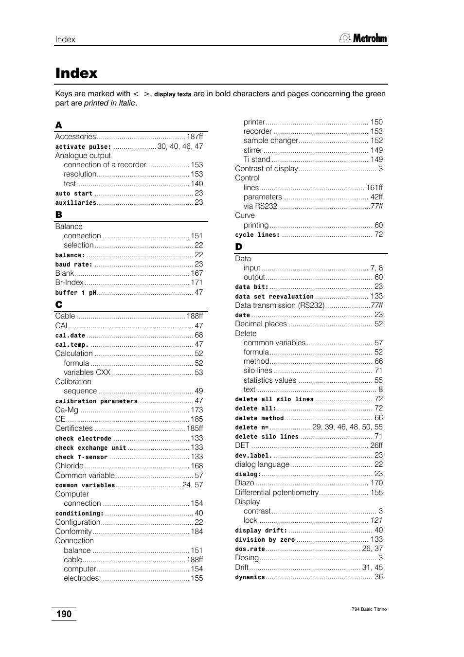Index | Metrohm 794 Basic Titrino User Manual | Page 194 / 198