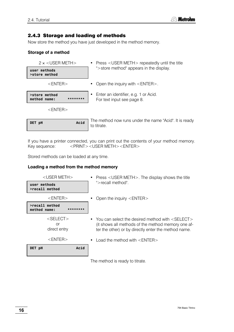 3 storage and loading of methods | Metrohm 794 Basic Titrino User Manual | Page 20 / 198