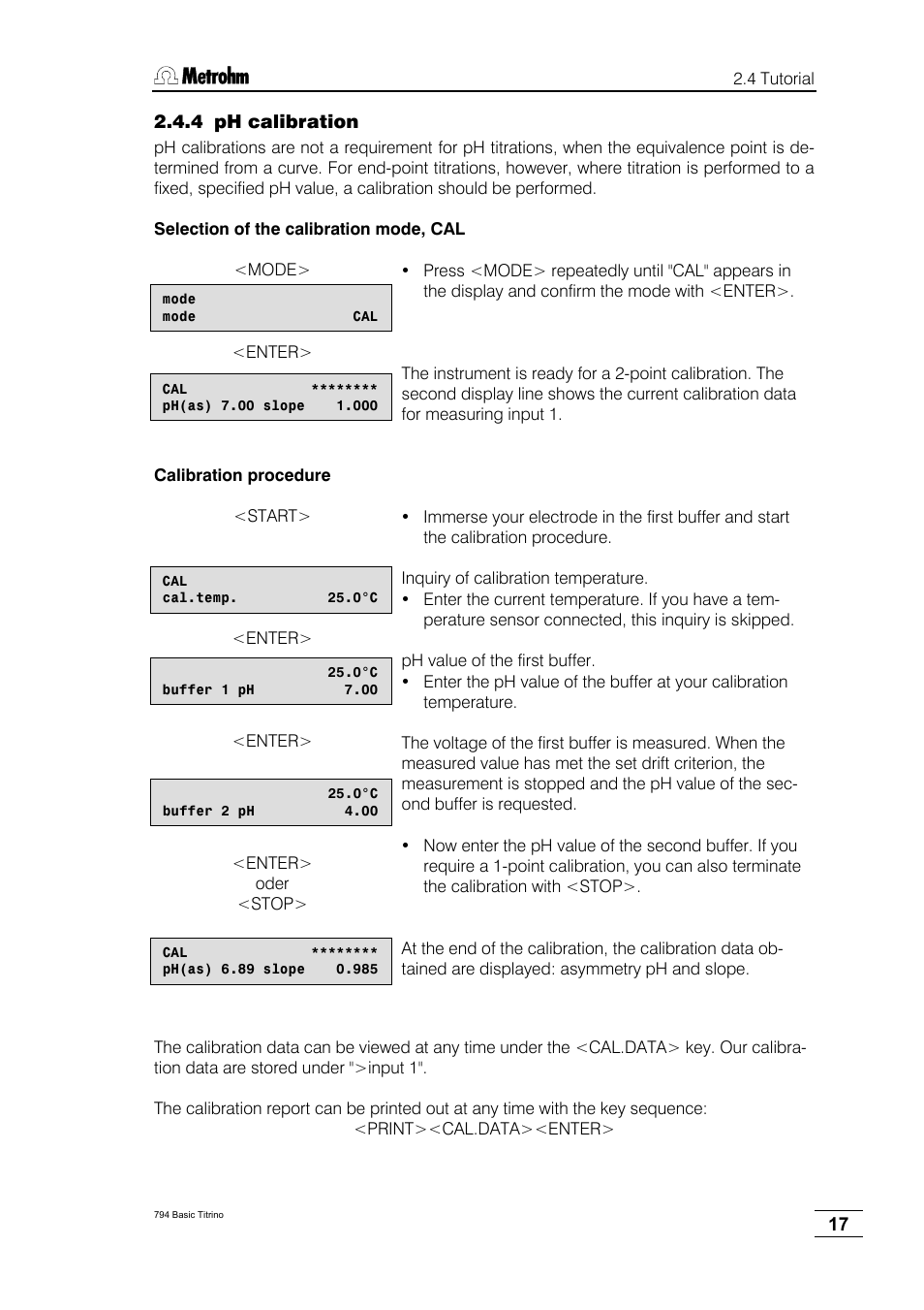 4 ph calibration | Metrohm 794 Basic Titrino User Manual | Page 21 / 198
