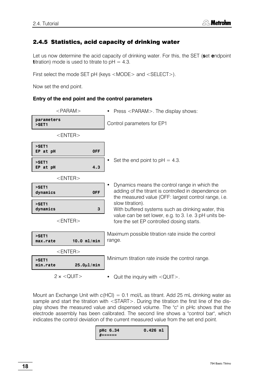 5 statistics, acid capacity of drinking water | Metrohm 794 Basic Titrino User Manual | Page 22 / 198