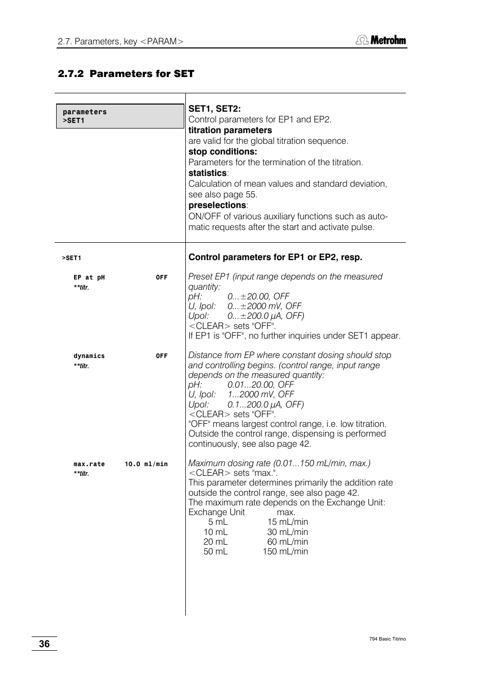 2 parameters for set | Metrohm 794 Basic Titrino User Manual | Page 40 / 198