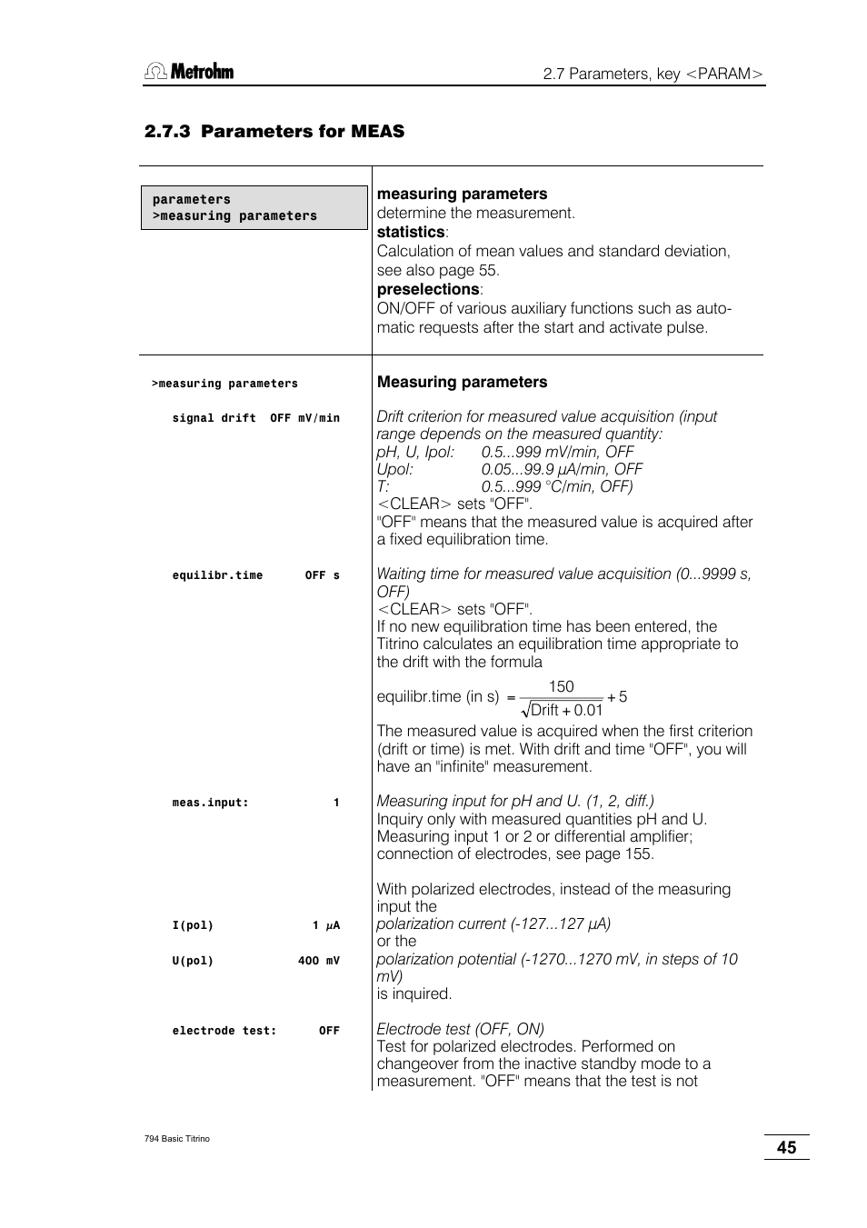 3 parameters for meas | Metrohm 794 Basic Titrino User Manual | Page 49 / 198