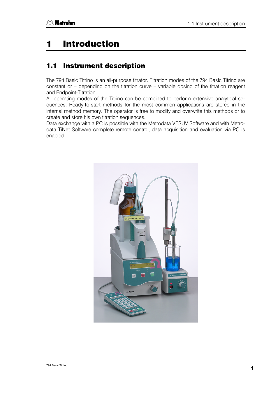 1 introduction, 1 instrument description | Metrohm 794 Basic Titrino User Manual | Page 5 / 198