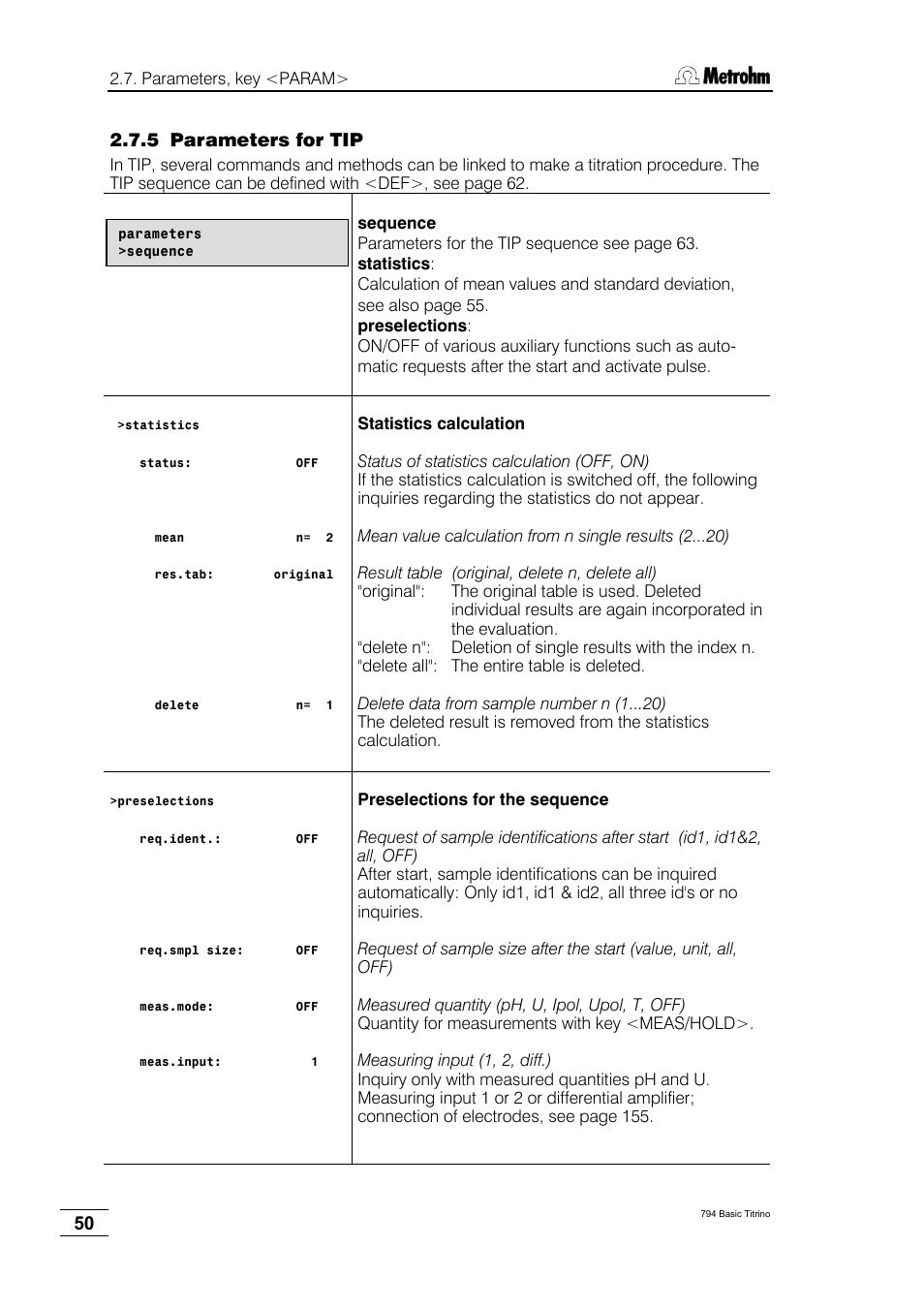 5 parameters for tip | Metrohm 794 Basic Titrino User Manual | Page 54 / 198