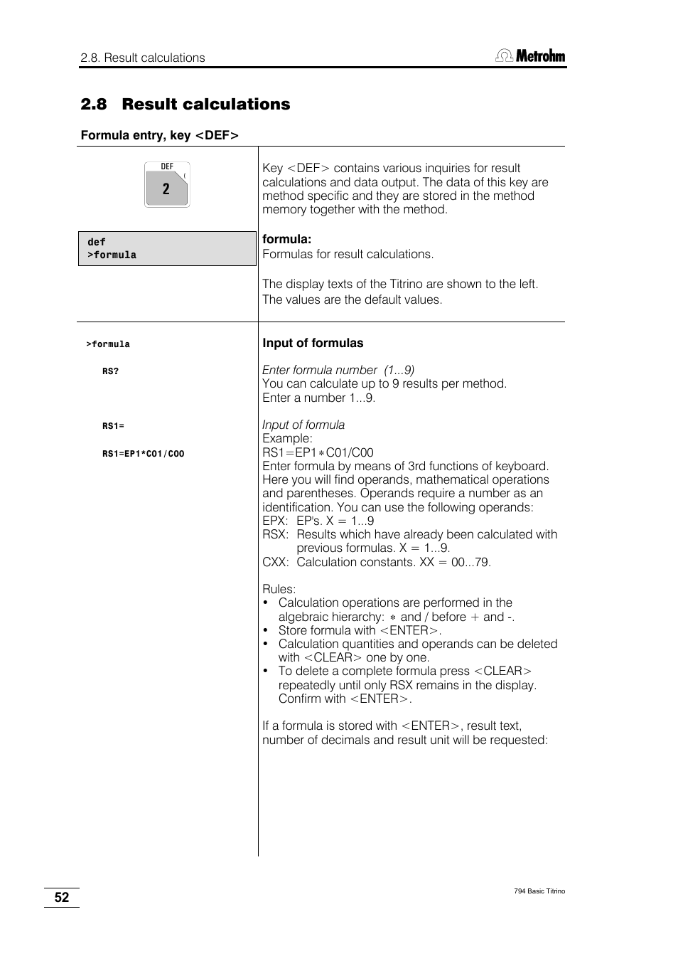 8 result calculations | Metrohm 794 Basic Titrino User Manual | Page 56 / 198