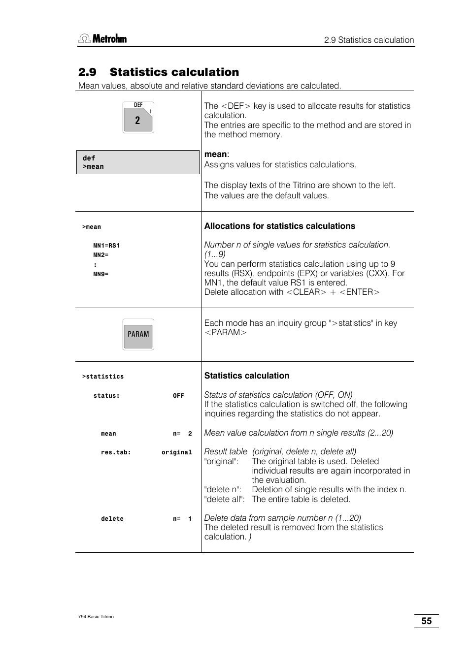 9 statistics calculation | Metrohm 794 Basic Titrino User Manual | Page 59 / 198