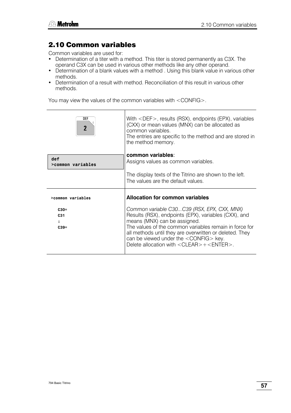 10 common variables | Metrohm 794 Basic Titrino User Manual | Page 61 / 198