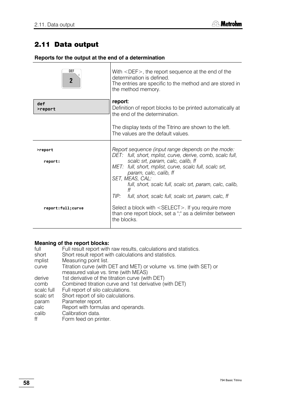 11 data output | Metrohm 794 Basic Titrino User Manual | Page 62 / 198