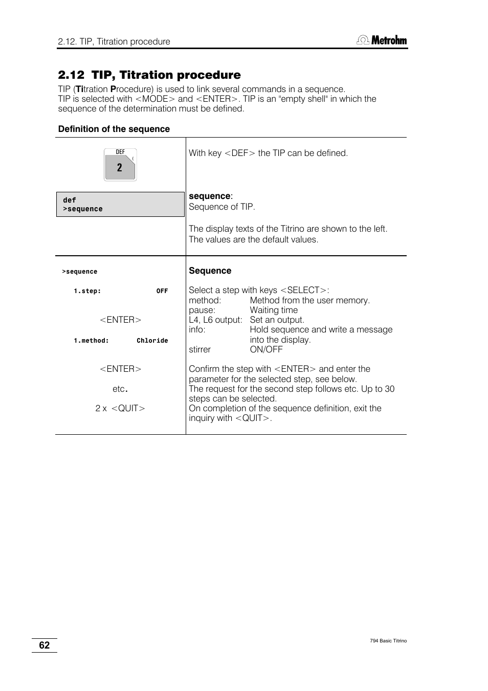 12 tip, titration procedure | Metrohm 794 Basic Titrino User Manual | Page 66 / 198