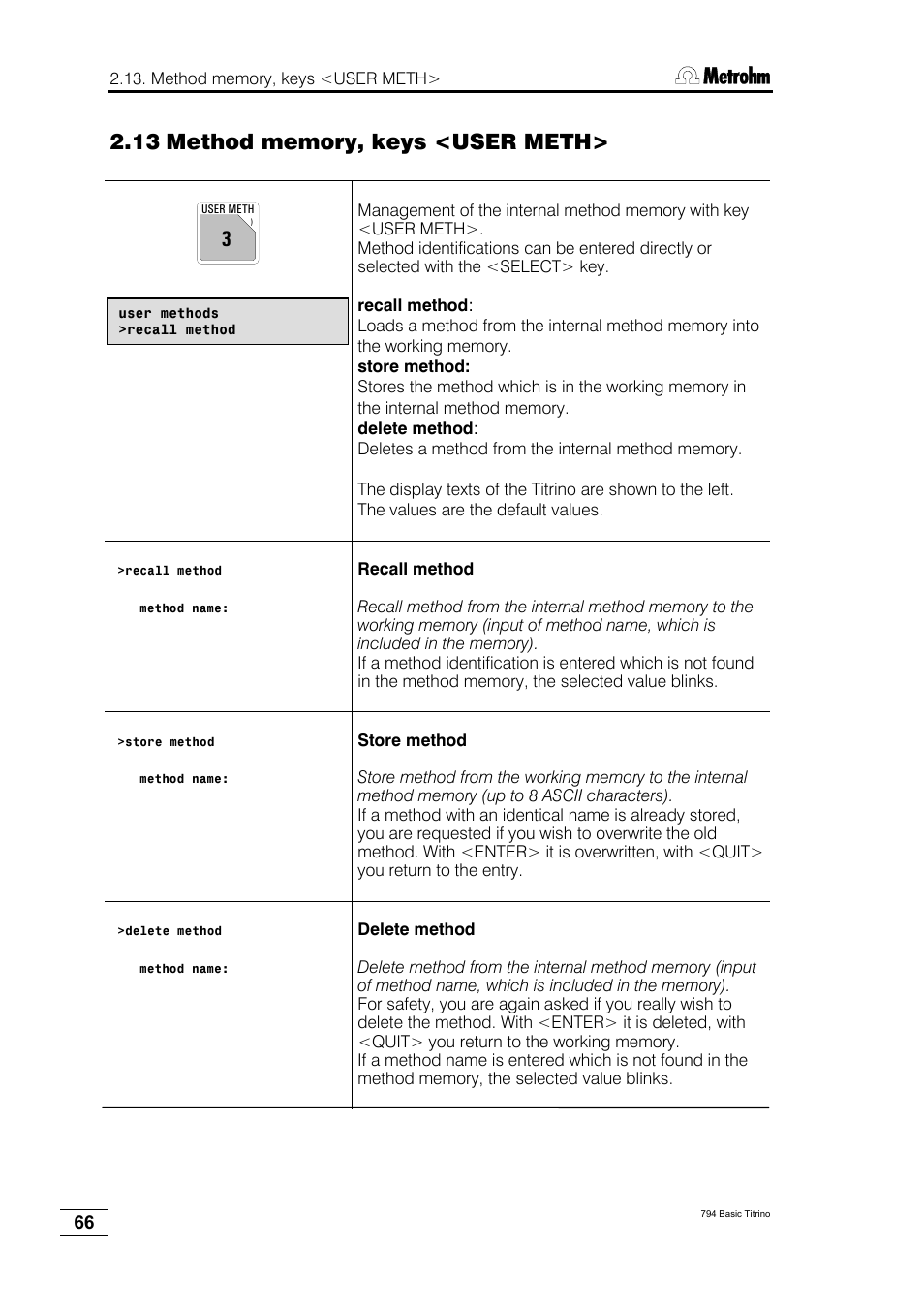 13 method memory, keys <user meth | Metrohm 794 Basic Titrino User Manual | Page 70 / 198