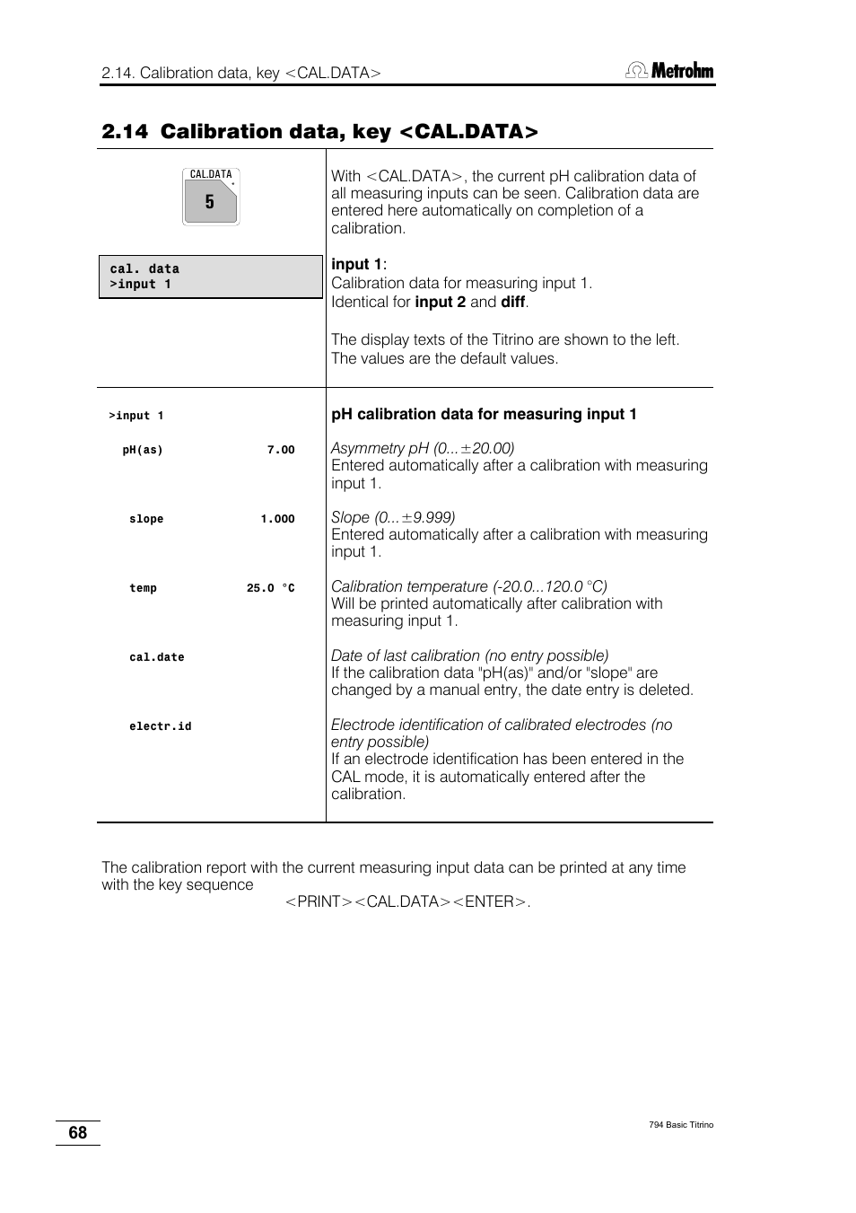 14 calibration data, key <cal.data | Metrohm 794 Basic Titrino User Manual | Page 72 / 198