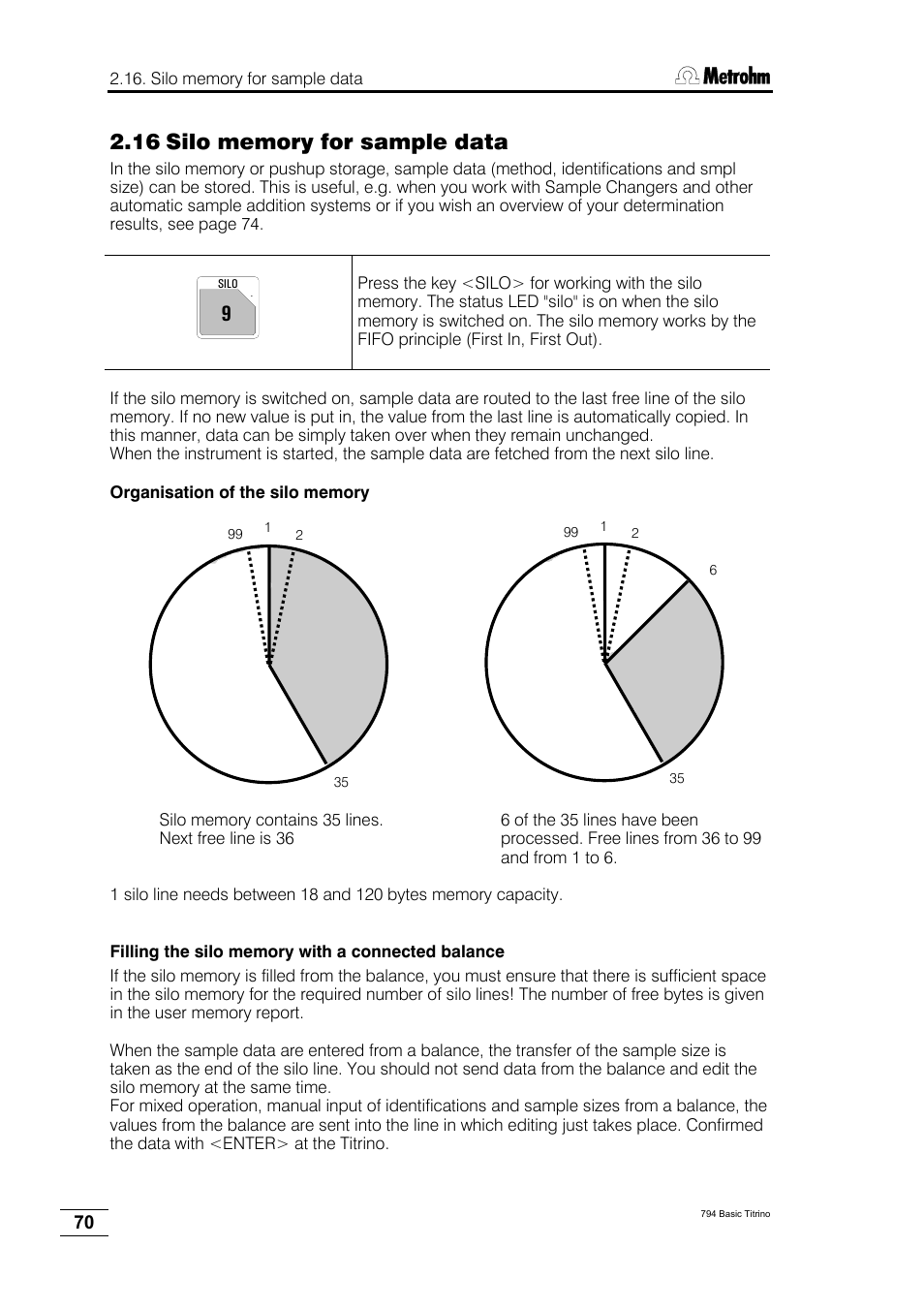 16 silo memory for sample data | Metrohm 794 Basic Titrino User Manual | Page 74 / 198
