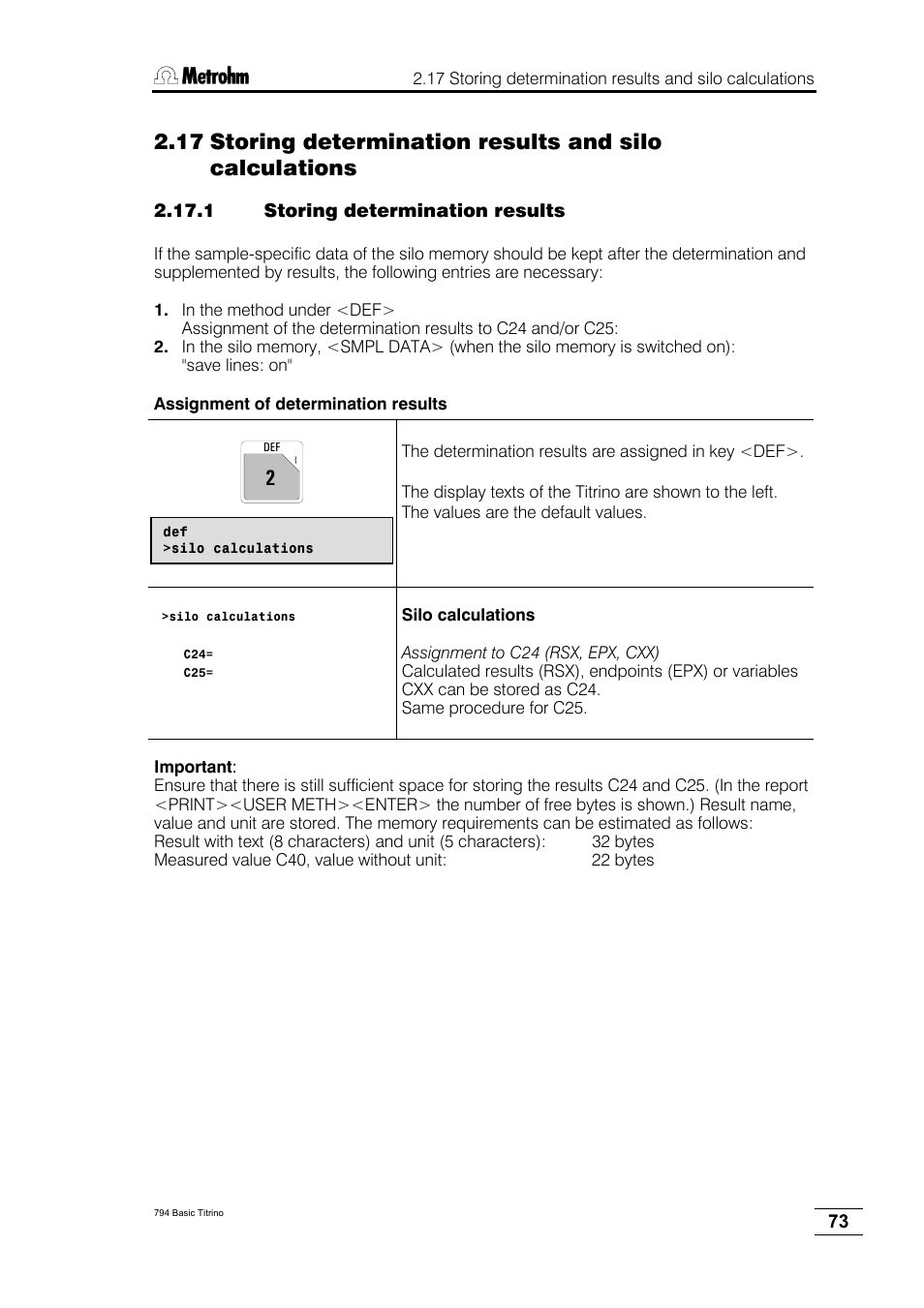 1 storing determination results | Metrohm 794 Basic Titrino User Manual | Page 77 / 198