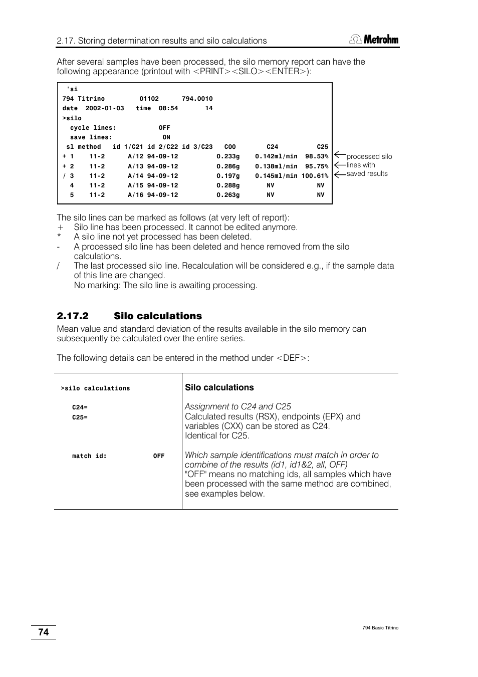 2 silo calculations | Metrohm 794 Basic Titrino User Manual | Page 78 / 198
