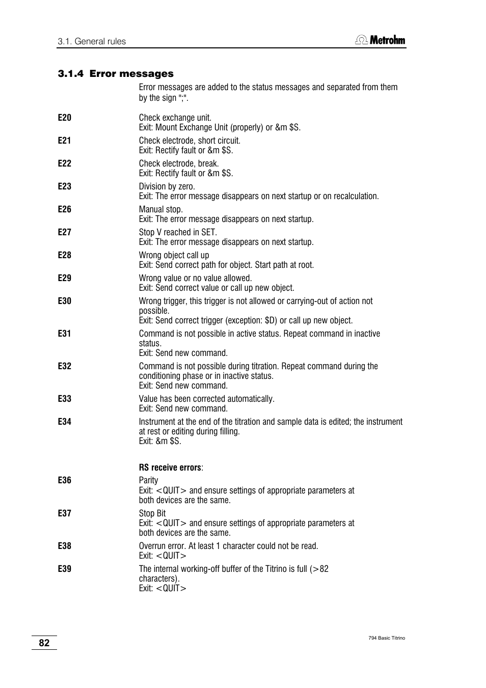 4 error messages | Metrohm 794 Basic Titrino User Manual | Page 86 / 198