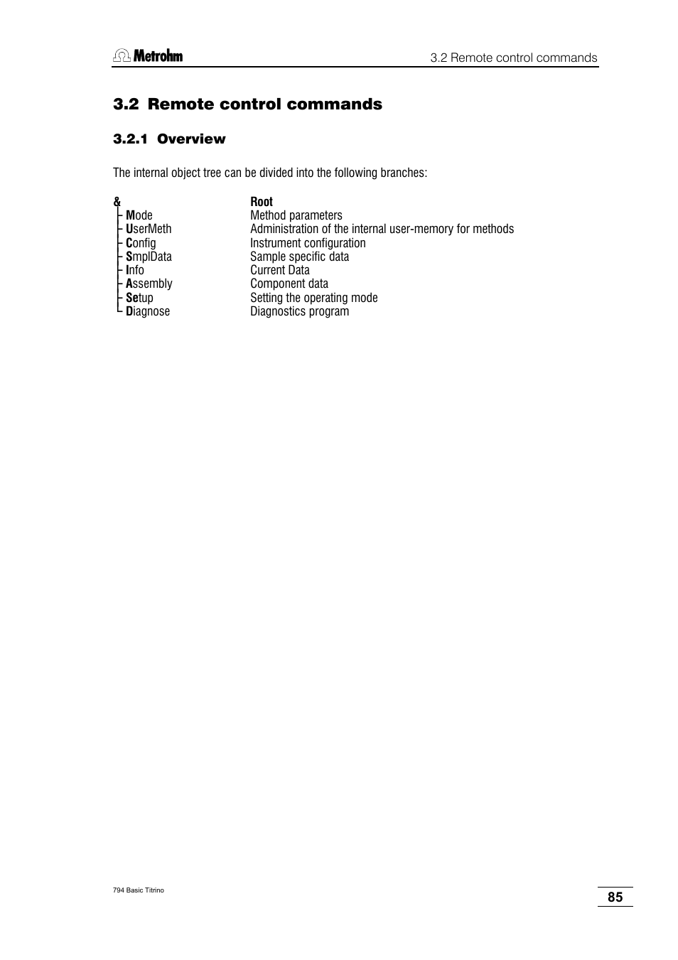 2 remote control commands, 1 overview | Metrohm 794 Basic Titrino User Manual | Page 89 / 198