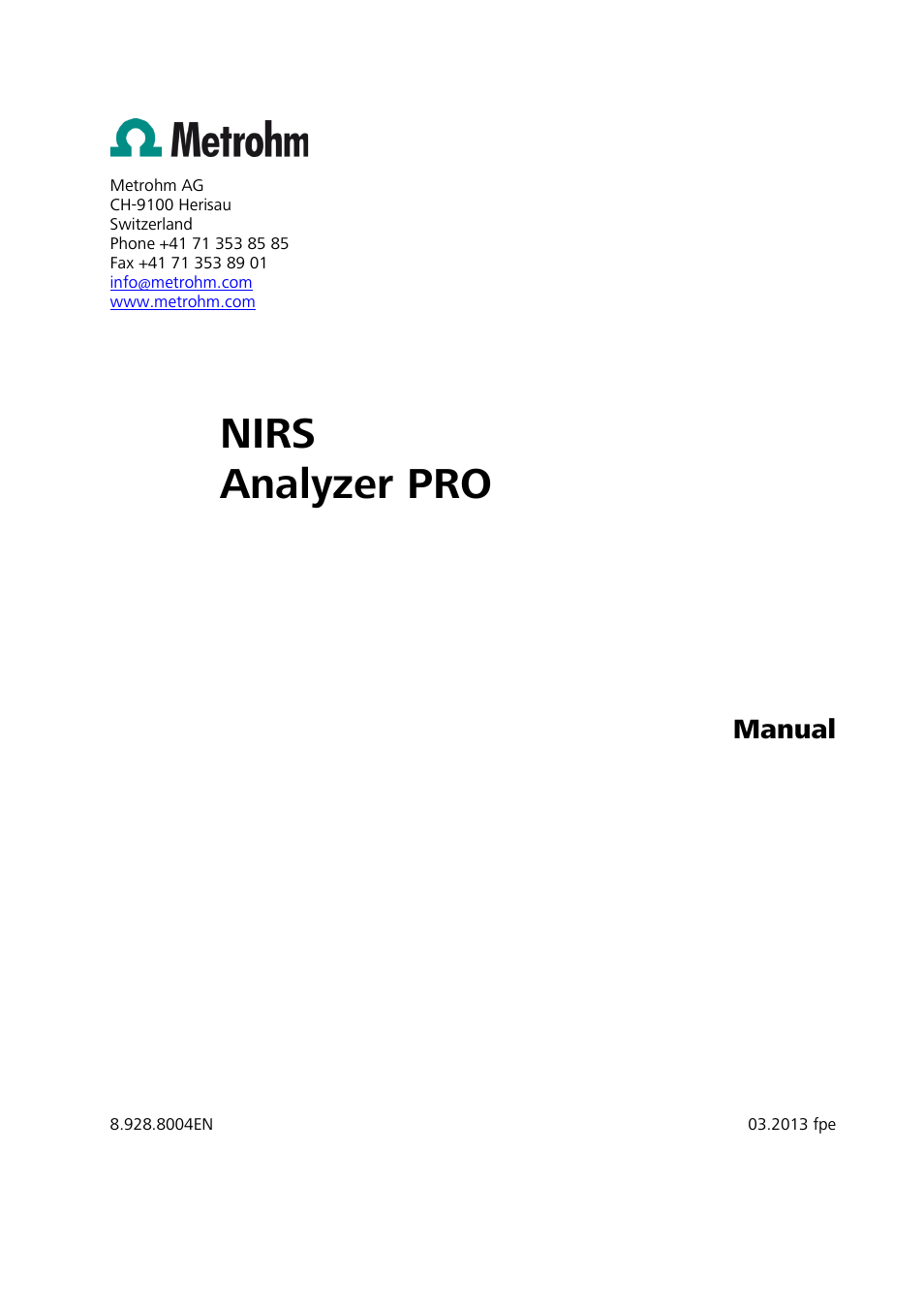 Nirs analyzer pro, Manual | Metrohm NIRS Analyzer PRO User Manual | Page 3 / 68