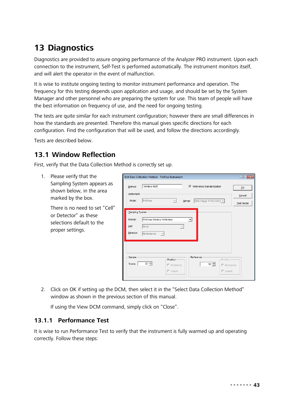 13 diagnostics, 1 window reflection, 1 performance test | Diagnostics, Window reflection, Performance test | Metrohm NIRS Analyzer PRO User Manual | Page 45 / 68