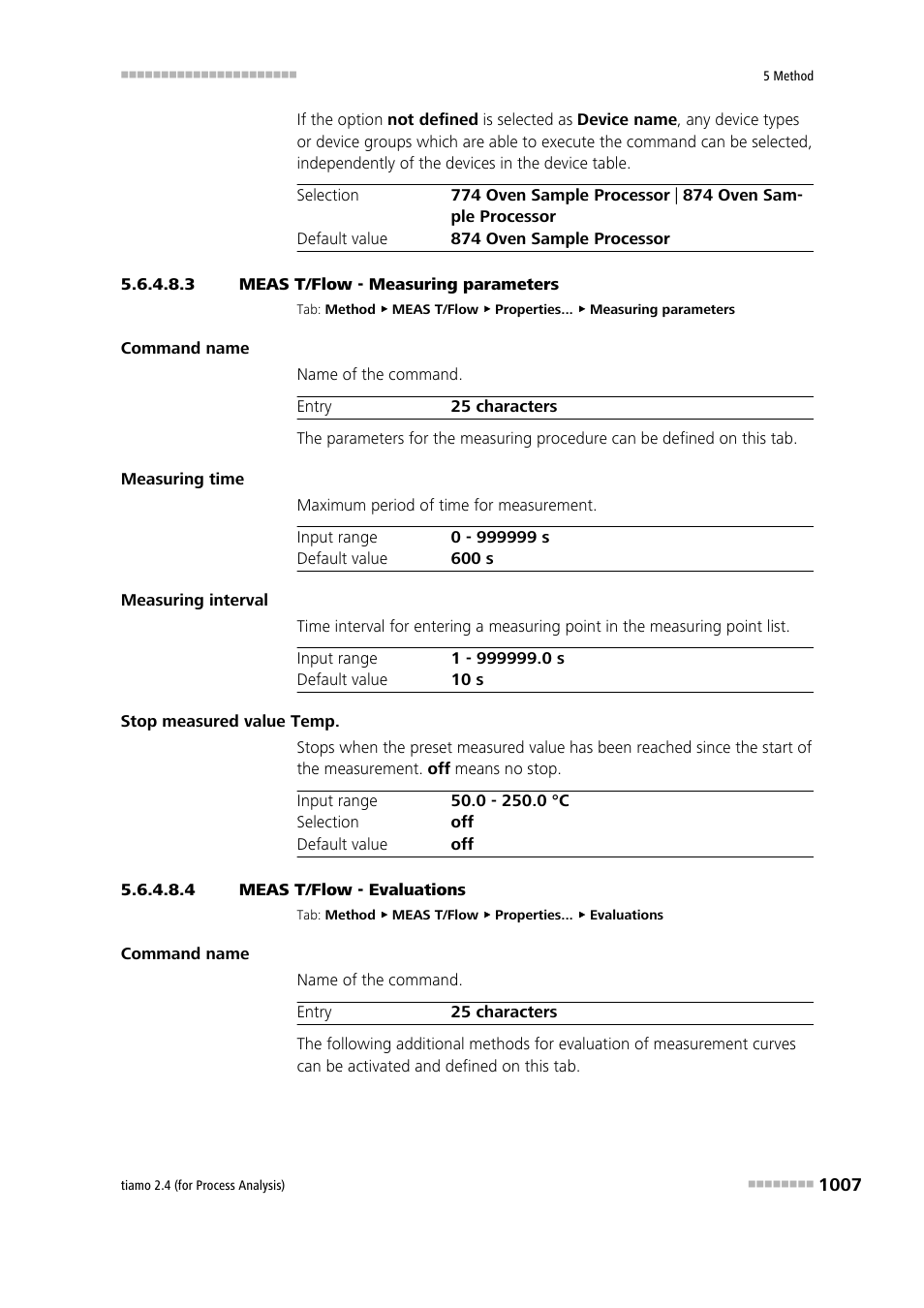 3 meas t/flow - measuring parameters, 4 meas t/flow - evaluations, Measuring parameters | Evaluation | Metrohm tiamo 2.4 (process analysis) User Manual | Page 1023 / 1809