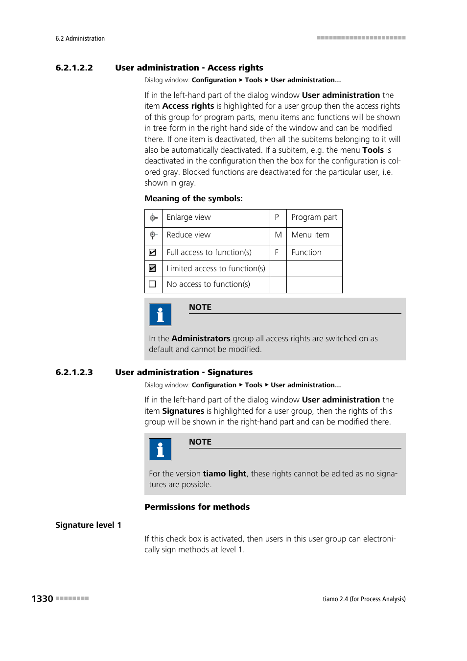 2 user administration - access rights, 3 user administration - signatures, Access rights | Signatures, Define access rights for user groups, Define signature rights for user groups | Metrohm tiamo 2.4 (process analysis) User Manual | Page 1346 / 1809